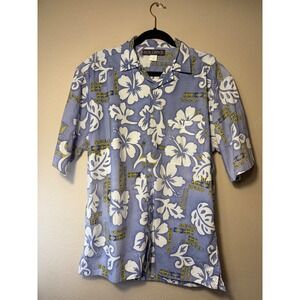 Box Office Mens Hawaiian Shirt Blue Hibiscus Floral Tropical Camp Button Down L